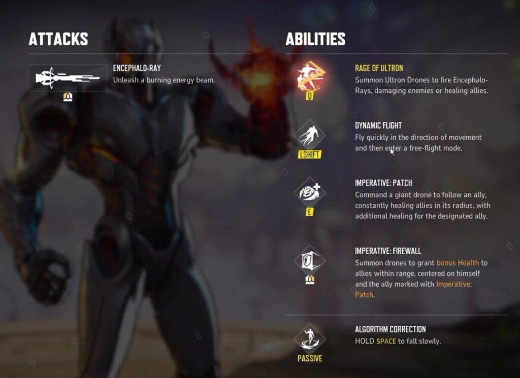The leaked abilities page of Ultron in Marvel Rivals.