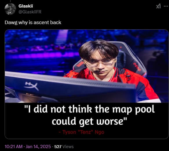 An X post reacting to the VALORANT patch 10.04 map rotation changes.