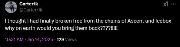 An X post reacting to the VALORANT patch 10.04 map rotation changes.