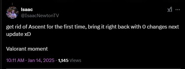 An X post reacting to the VALORANT patch 10.04 map rotation changes.