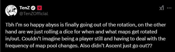 An X post reacting to the VALORANT patch 10.04 map rotation changes.
