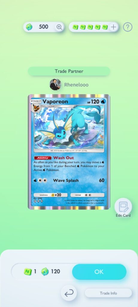 A player can confirm the trade of Vaporeon.