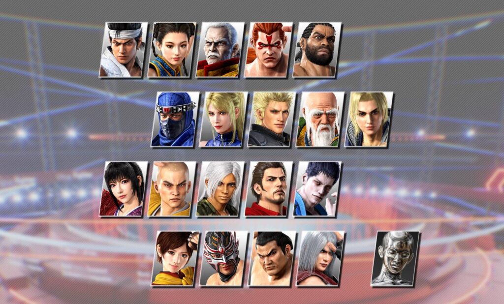 The image features profile icons of Virtua Fighter 5 R.E.V.O. characters — the full roster of this fighting game