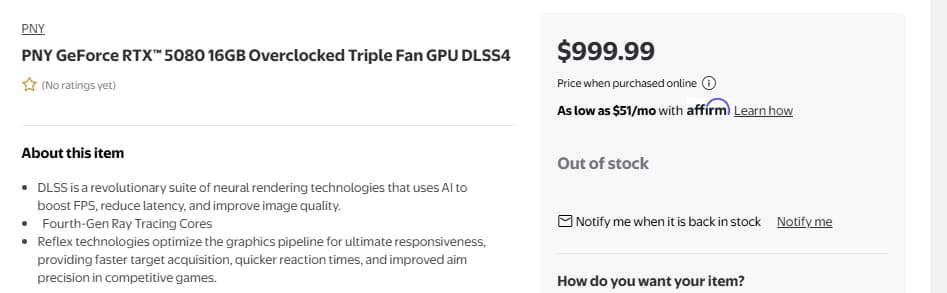 RTX 5080 Nvidia Graphics Card sold out on Walmart