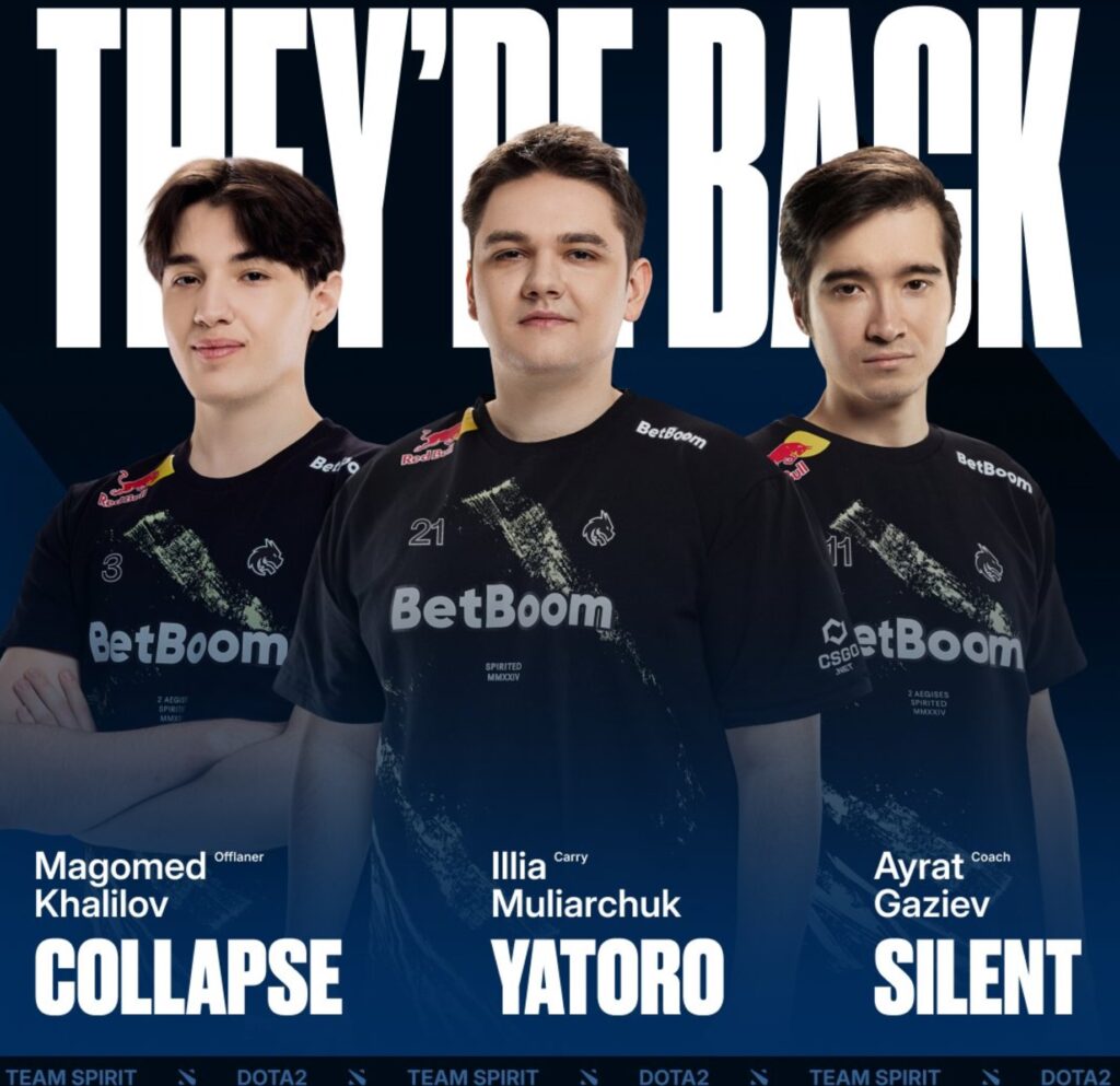 From Left to Right (Collapse, Yatoro and Coach Silent). Yatoro returns to Team Spirit Dota 2 roster in2025. 