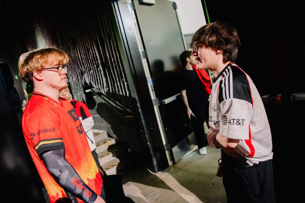 Zellsis (L) of Sentinels and Boostio of 100 Thieves are seen back stage during Week 1 Day 3 of 2024 VCT Americas Kickoff at the Riot Games Arena on January 18, 2023. 