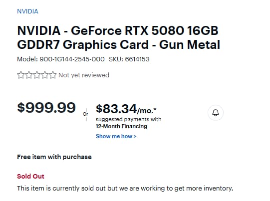RTX 5080 sold out on Best Buy