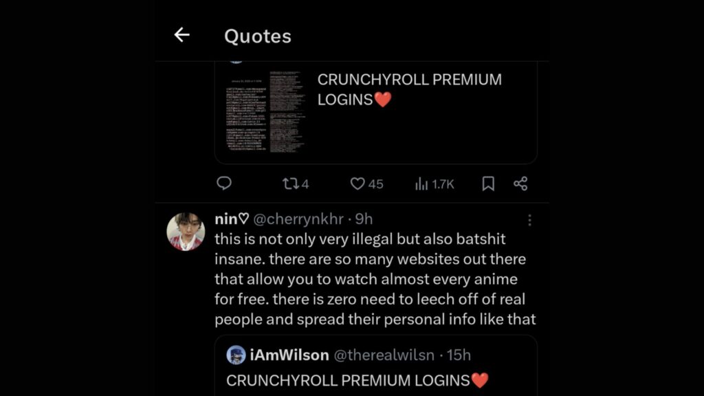 Crunchyroll leaked accounts and response screenshot