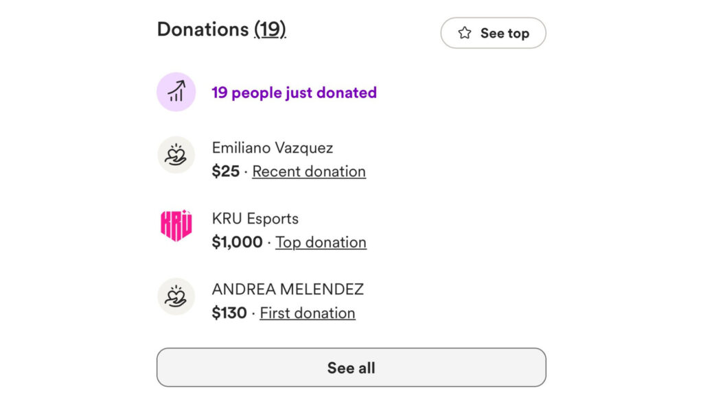 Screenshot of Alejandro Melendez GoFundMe with KRU Esports donation