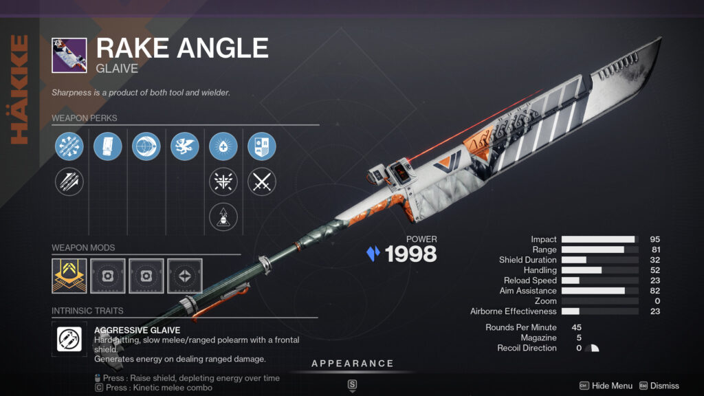The Rake Angle glaive in Destiny 2 with description.