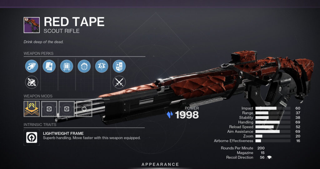 The Red Tape scout rifle from Destiny 2.