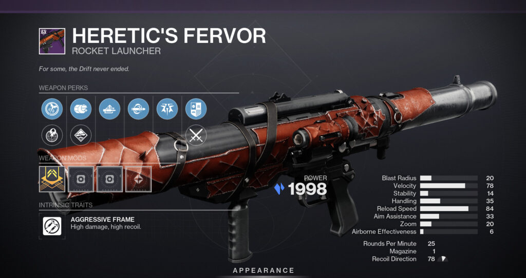 The Heretic's Favor rocket launcher in Destiny 2.