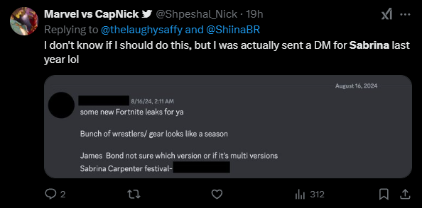 Post from Shpeshal_Nick regarding Fortnite x Sabrina Carpenter