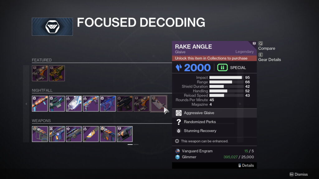 The Vanguard Focused Decoding screen in Destiny 2 with the Rake Angle selected.