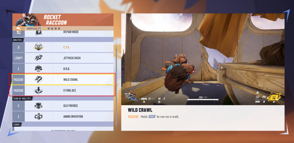 A screenshot of Rocket Raccoon's abilities in Marvel Rivals.