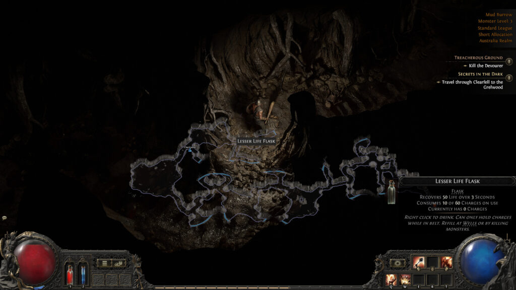 A hero spots a Lesser Life Flask in Path of Exile 2.