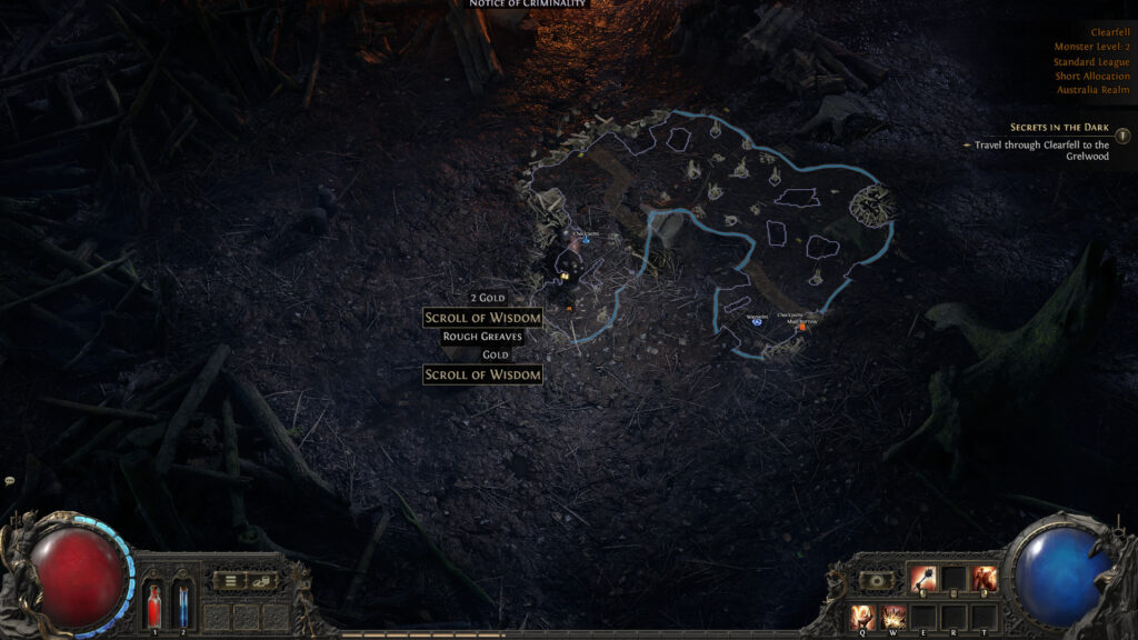 A character in Path of Exile 2 walks around with an item filter equipped.