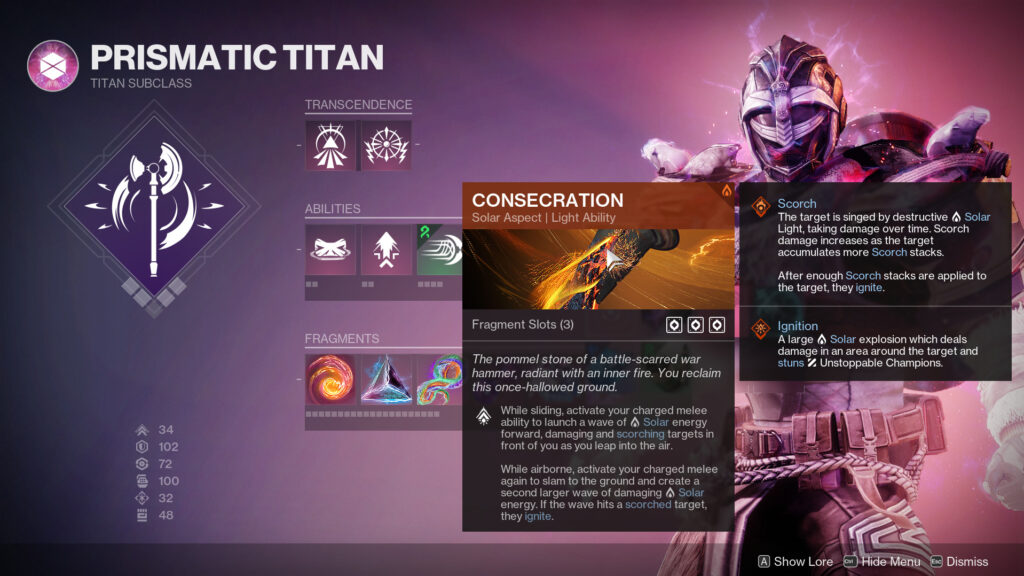 A Prismatic Titan subclass build highlighting Consecration in Destiny 2.