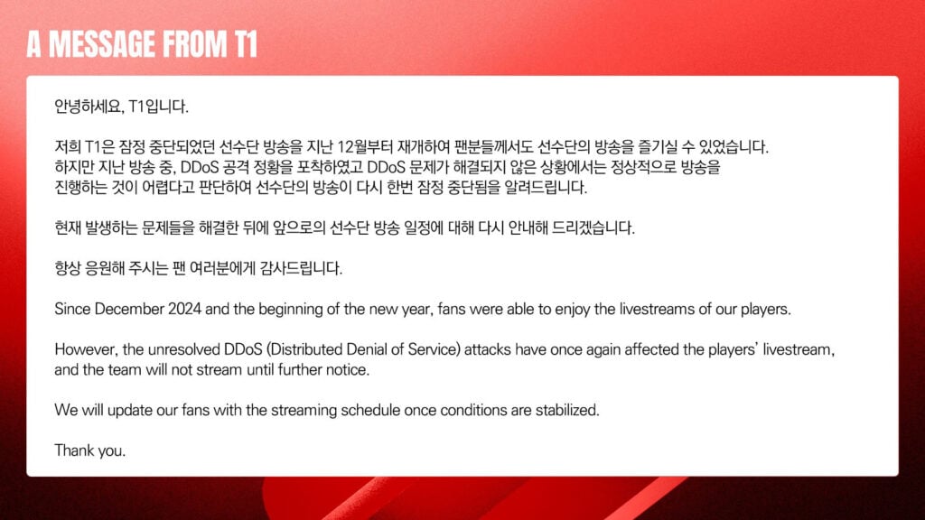 A message from T1 regarding the latest DDoS attack, posted on X on Jan. 6, 2025.