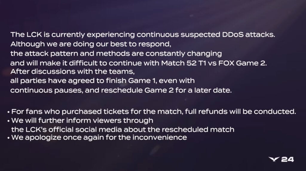 LCK's announcement regarding the DDoS attack on the T1 vs FOX match on Feb. 28, 2024.