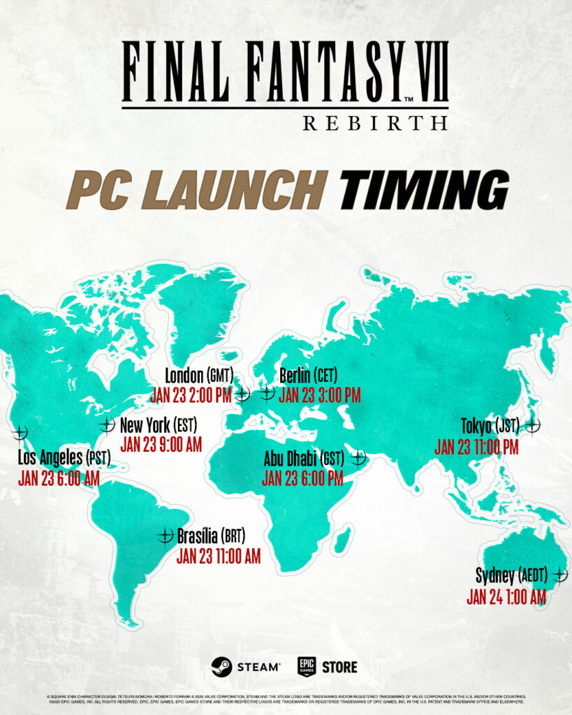 The release date and time for FF7 Rebirth on PC.