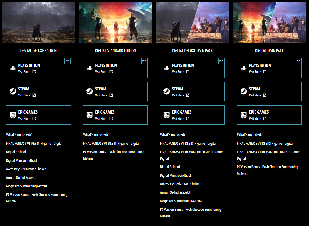 The list of editions available for PC players for FF7 Rebirth.