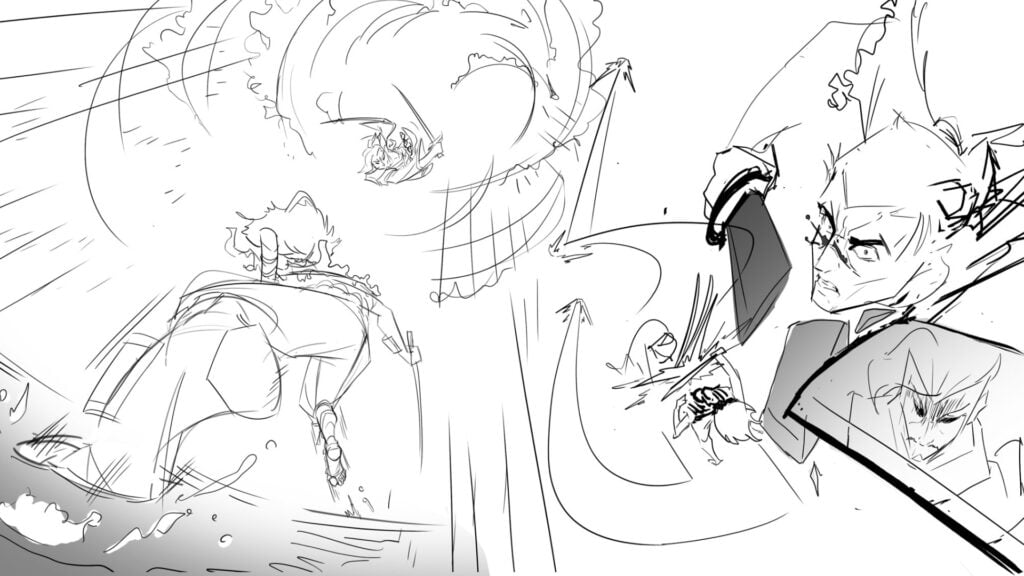 Yasuo and Yone fight initial sketch