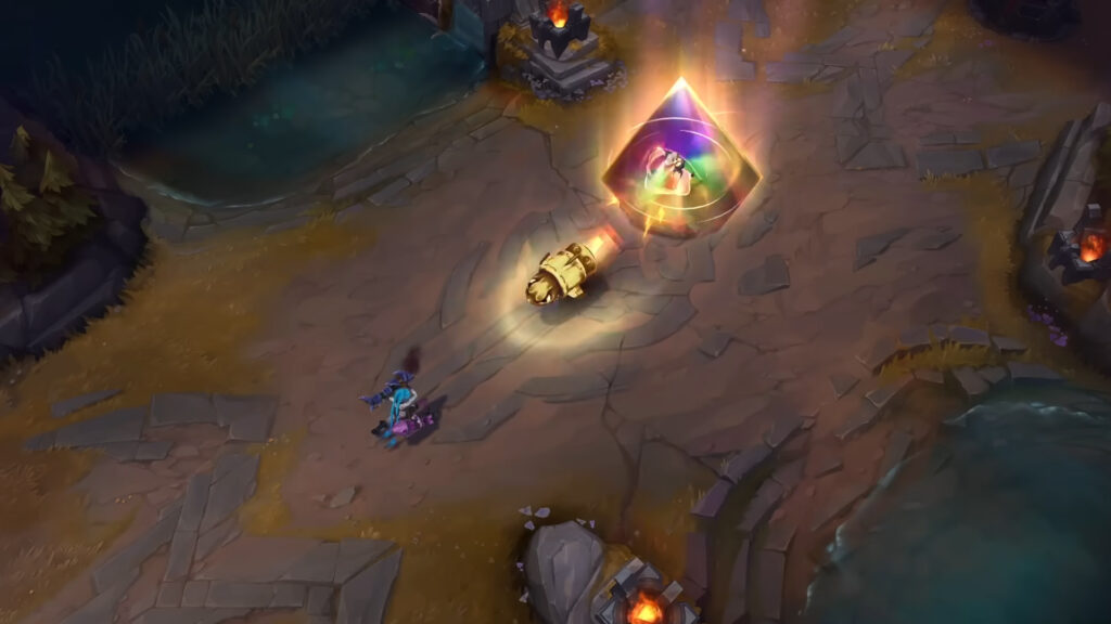 A game of LoL where Jinx's rocket is reflected by Mel's shield.