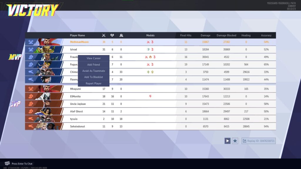 The list to block and avoid a player in Marvel Rivals through the match history section.