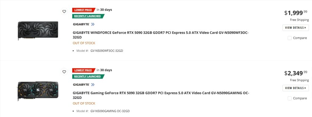 RTX 5080 and 5090 sold out on newegg