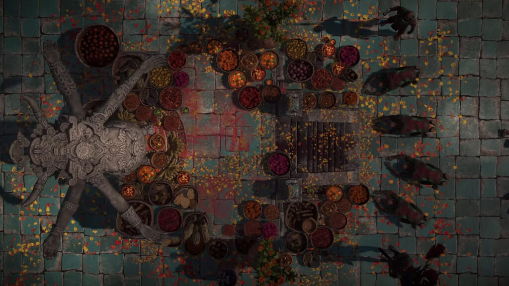 People pray to a statue surrounded by colourful pots in Path of Exile 2.