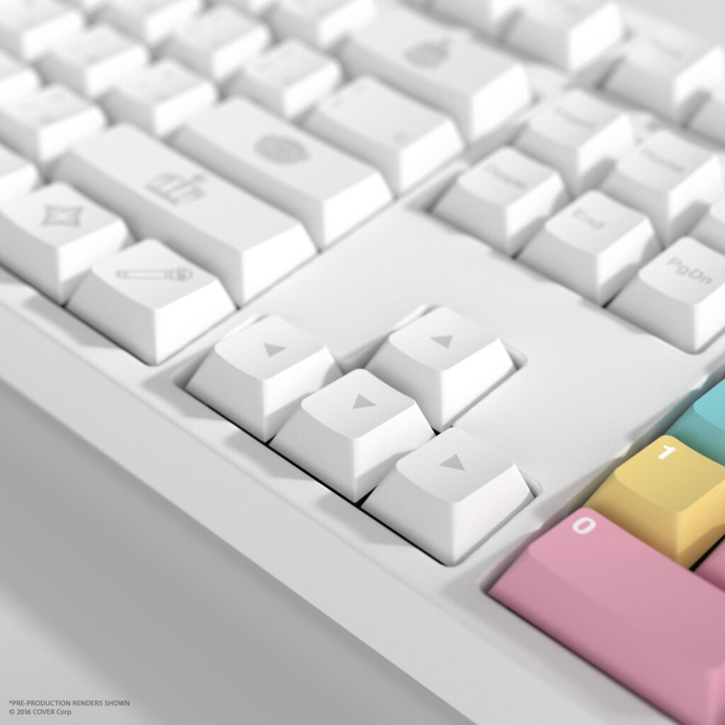 HYTE X hololive 4th Generation Keycap Set features 146 Cherry MX-compatible keycaps with vibrant colors, inspired by Amane Kanata, Tsunomaki Watame, Tokoyami Towa, and Himemori Luna.