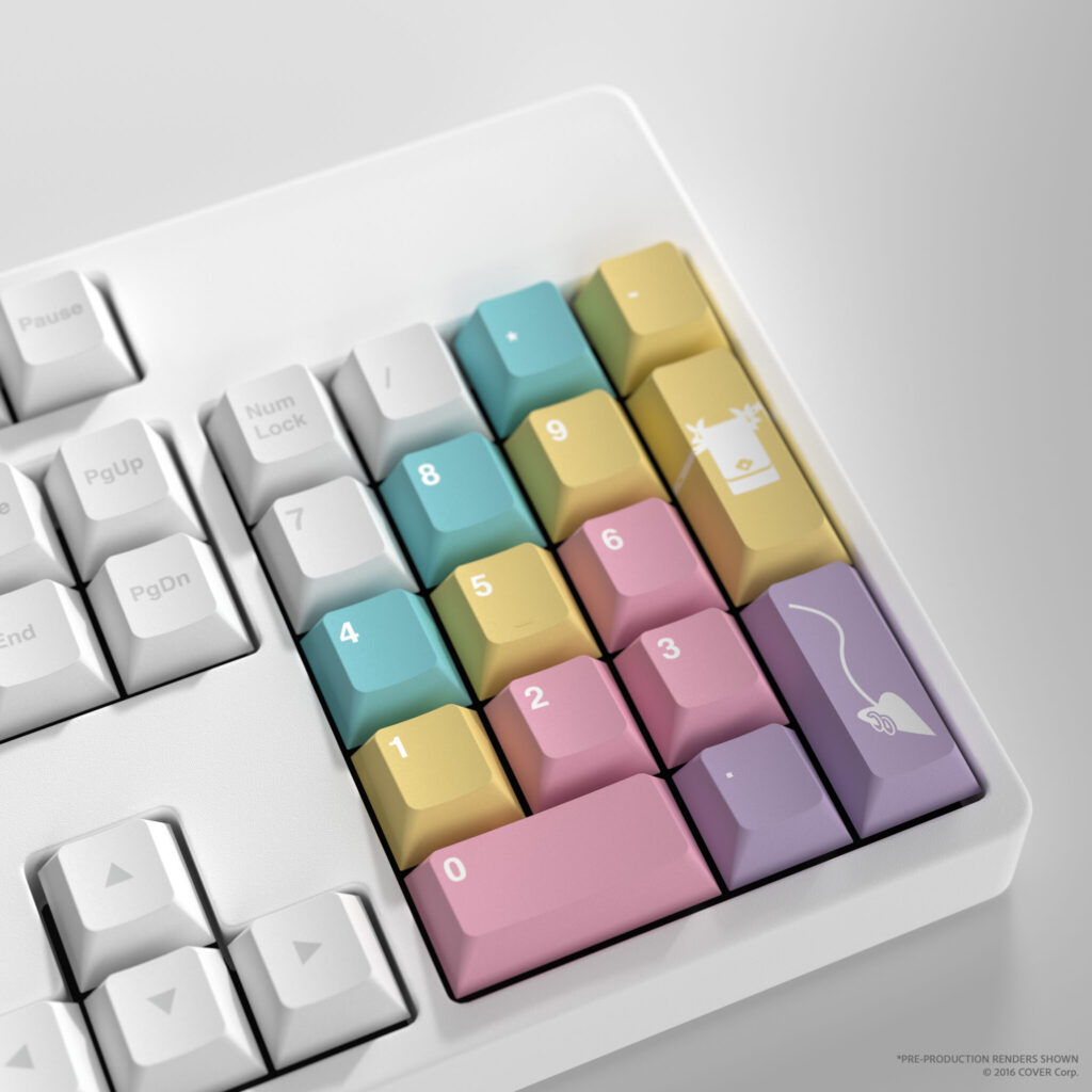 HYTE X hololive 4th Generation Keycap Set features 146 Cherry MX-compatible keycaps with vibrant colors, inspired by Amane Kanata, Tsunomaki Watame, Tokoyami Towa, and Himemori Luna.