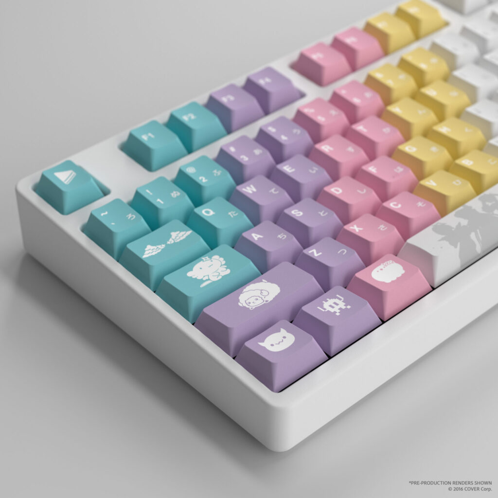 HYTE X hololive 4th Generation Keycap Set features 146 Cherry MX-compatible keycaps with vibrant colors, inspired by Amane Kanata, Tsunomaki Watame, Tokoyami Towa, and Himemori Luna.