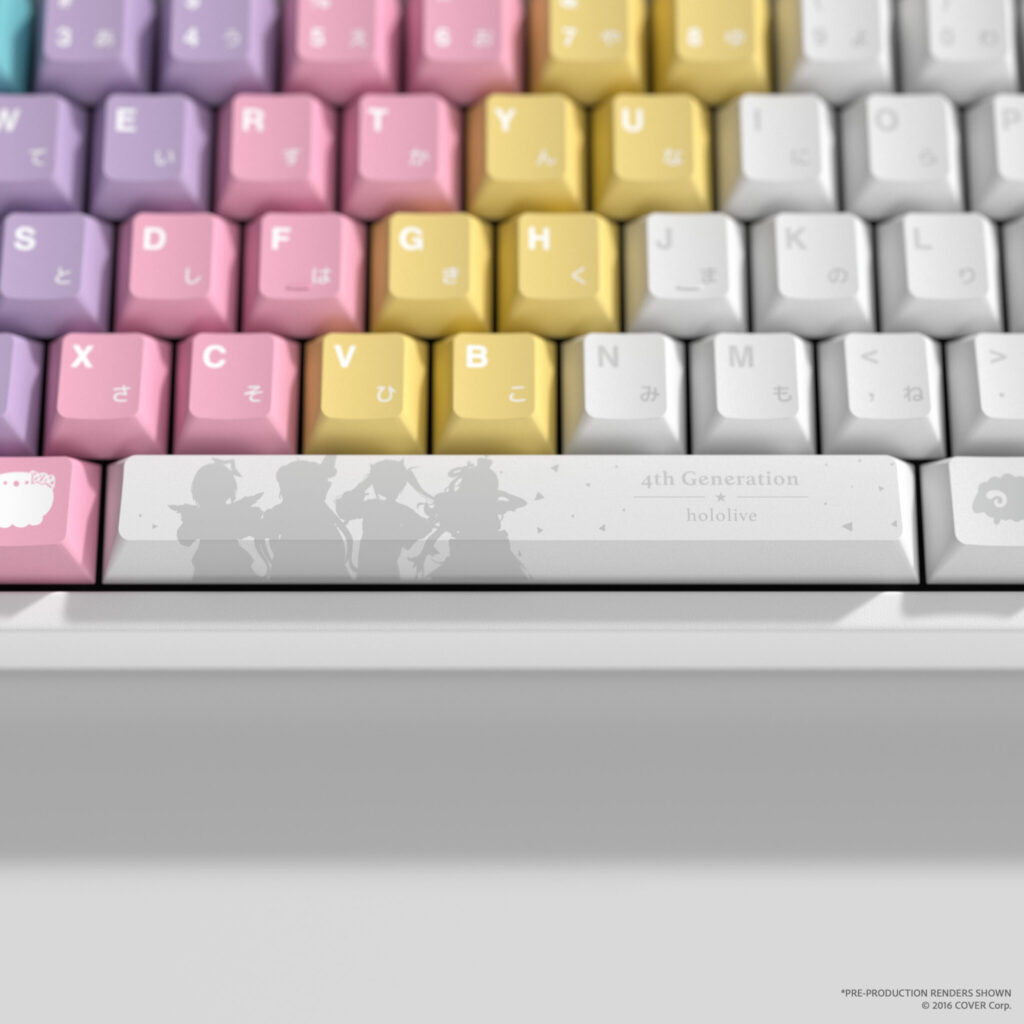 HYTE X hololive 4th Generation Keycap Set features 146 Cherry MX-compatible keycaps with vibrant colors, inspired by Amane Kanata, Tsunomaki Watame, Tokoyami Towa, and Himemori Luna.