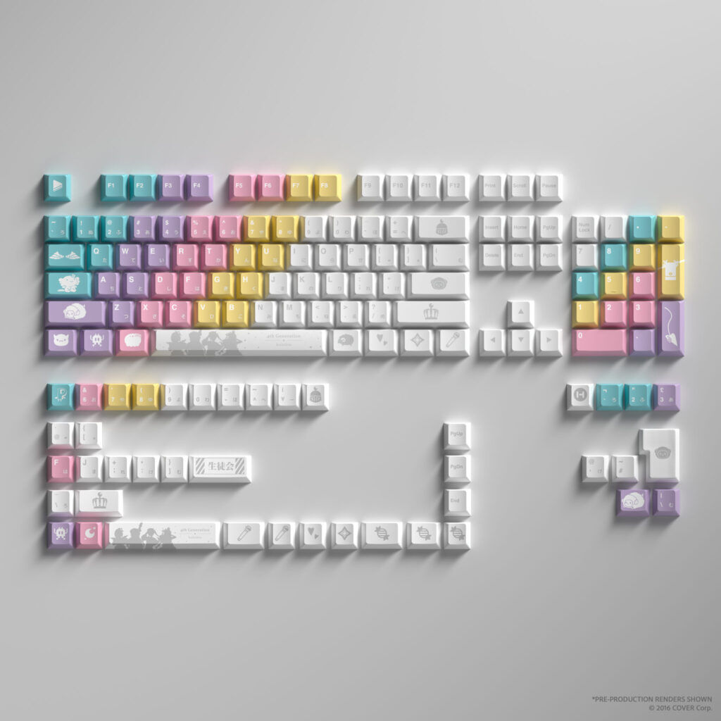 HYTE X hololive 4th Generation Keycap Set features 146 Cherry MX-compatible keycaps with vibrant colors, inspired by Amane Kanata, Tsunomaki Watame, Tokoyami Towa, and Himemori Luna.