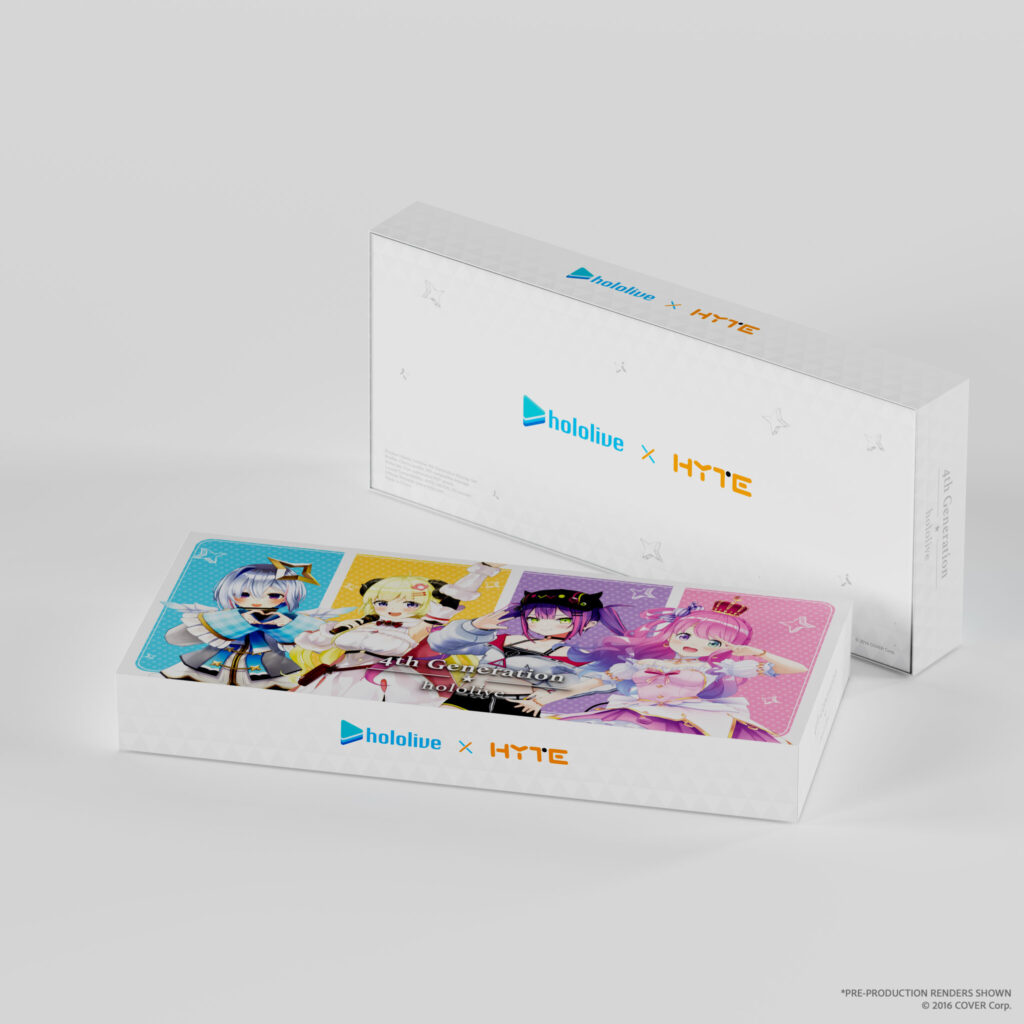 HYTE X hololive 4th Generation Keycap Set features 146 Cherry MX-compatible keycaps with vibrant colors, inspired by Amane Kanata, Tsunomaki Watame, Tokoyami Towa, and Himemori Luna.