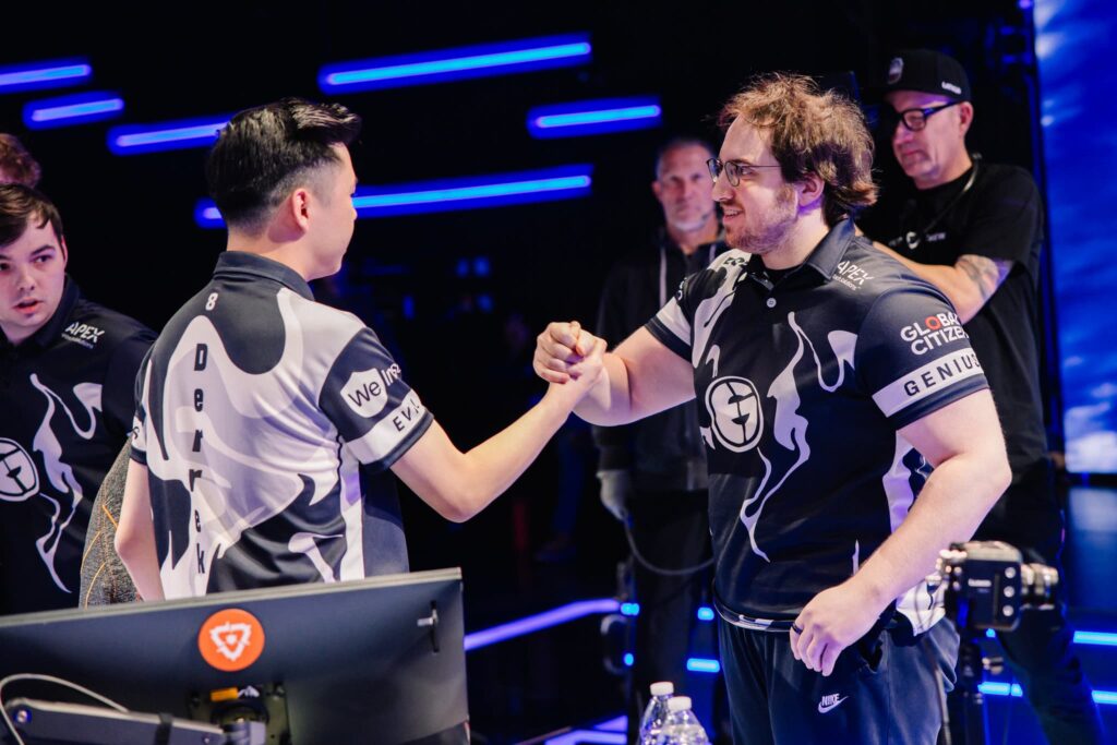 Derrek (L) and yay of Evil Geniuses react onstage during Week 2 Day 1 of 2025 VCT Americas Kickoff at the Riot Games Arena on January 23, 2025.