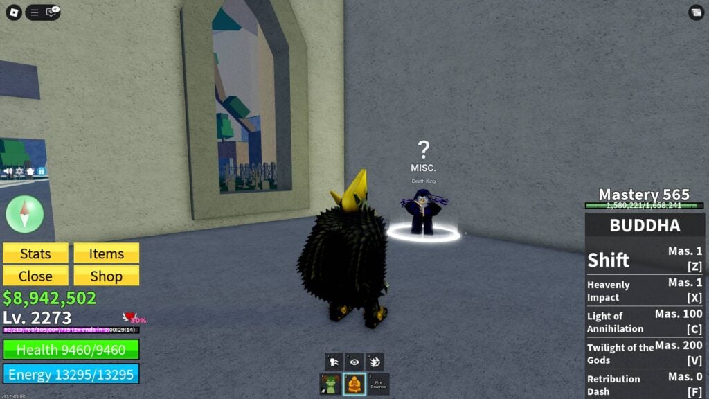 A Blox Fruits player carrying the Fire Essence from the Death King