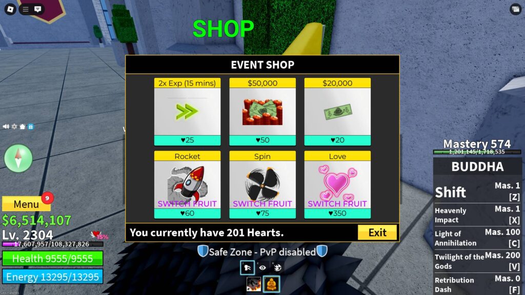 The event shop during the Blox Fruits Valentine's Event