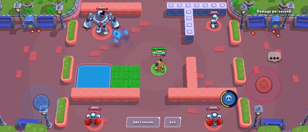 The screenshot from the training mode in Brawl Stars shows the basic attack of the new brawler Finx.