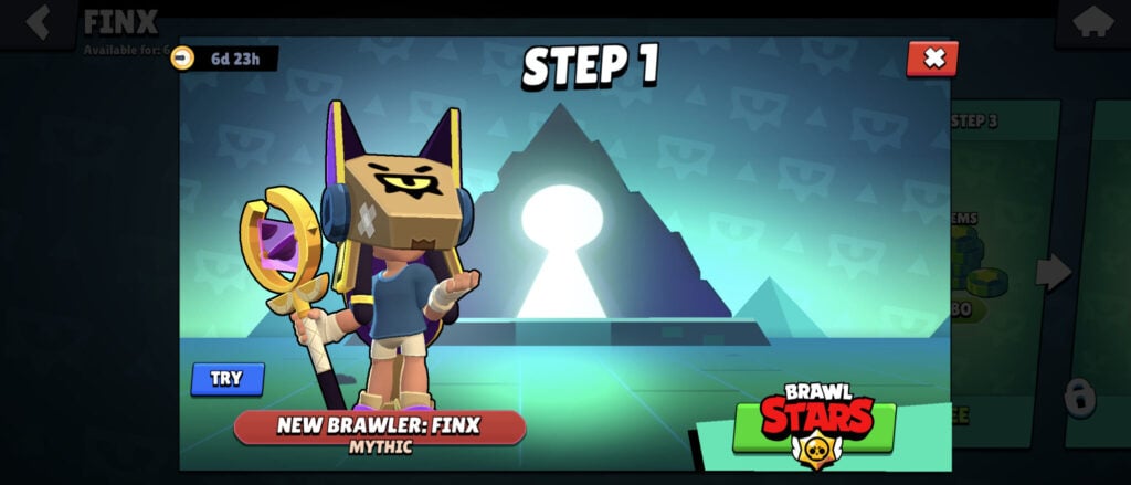 The Brawl Stars screenshot shows a new brawler, Finx, in the in-game shop.