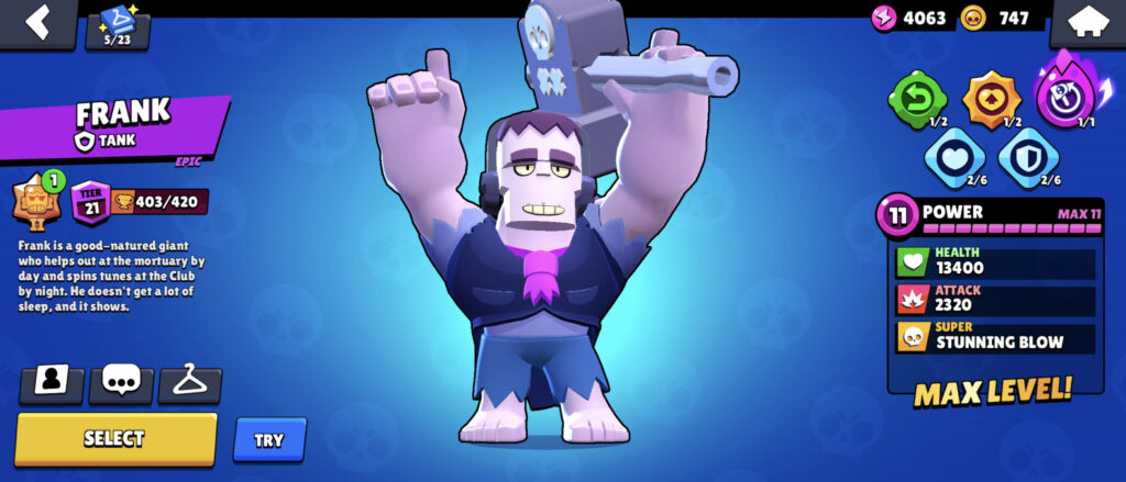 It’s a screenshot from the mobile game Brawl Stars: one of the brawlers, Frank, with the max level of power.