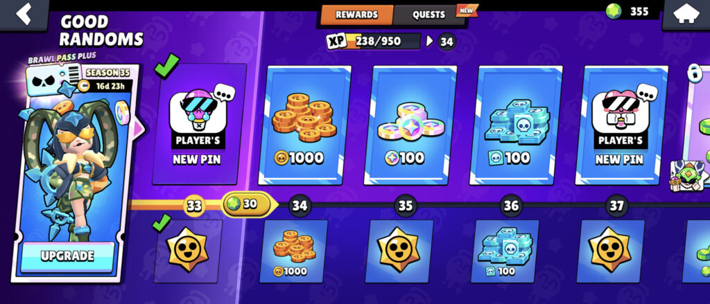 The screenshot from Brawl Stars captures rewards in the Brawl Pass Season Good Randoms.
