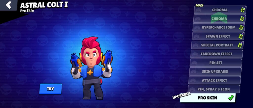 The screenshot from Brawl Stars features the upgrade levels for the Pro skin Astral Colt.