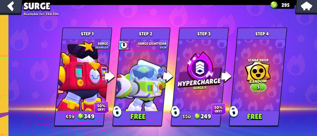 The screenshot from the mobile game Brawl Stars shows an offer in the internal shop — the Legendary brawler Surge and a free skin for him, Surge Lightyear.