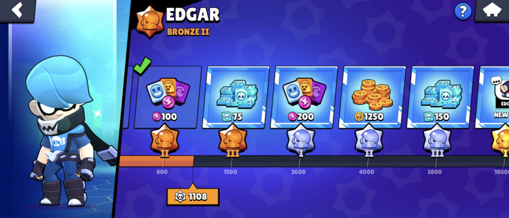 The screenshot from the mobile game Brawl Stars shows the rewards for unlocking new levels of Mastery for the brawler Edgar. The rewards include Credits for unlocking free Brawl Stars characters.
