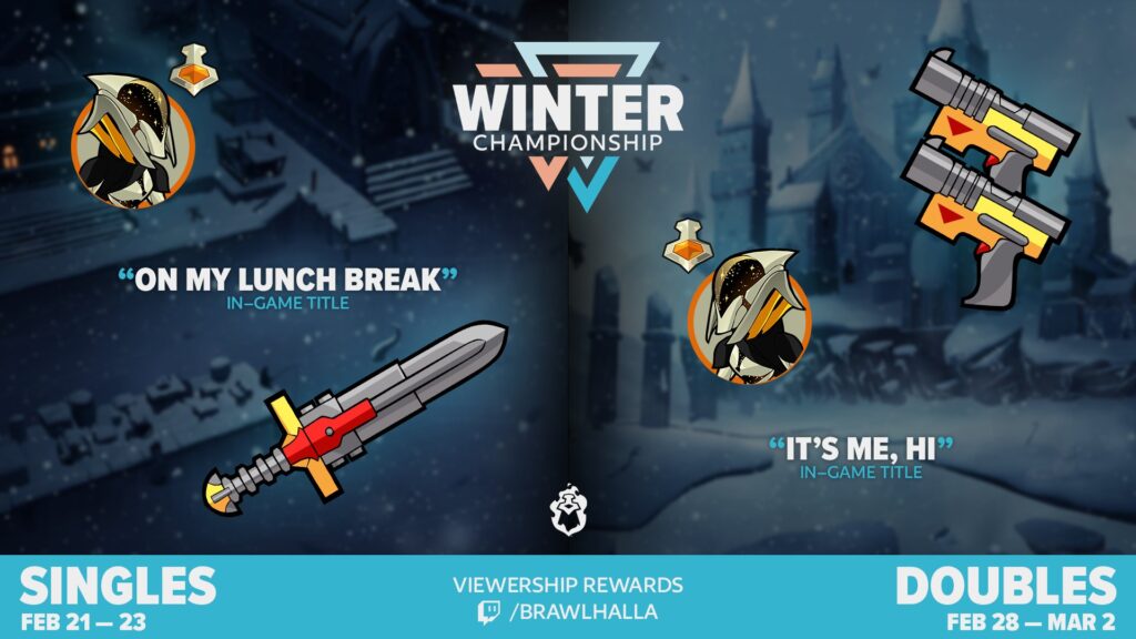 The image shows the viewership rewards from the official streams of the Brawlhalla esports Winter Championship: an in-game title plus skins for weapons and characters.