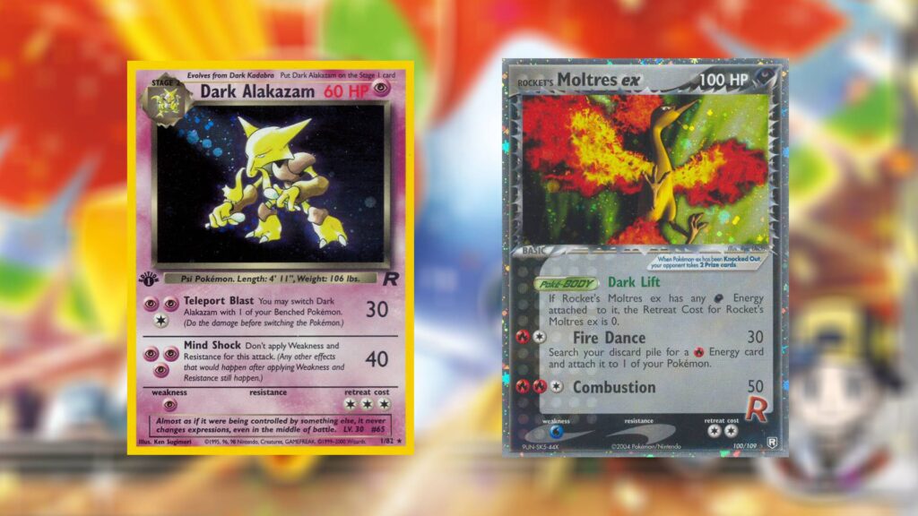 Dark Alakazam from the Team Rocket set and Rocket's Moltres ex from Ex Team Rocket Returns.
