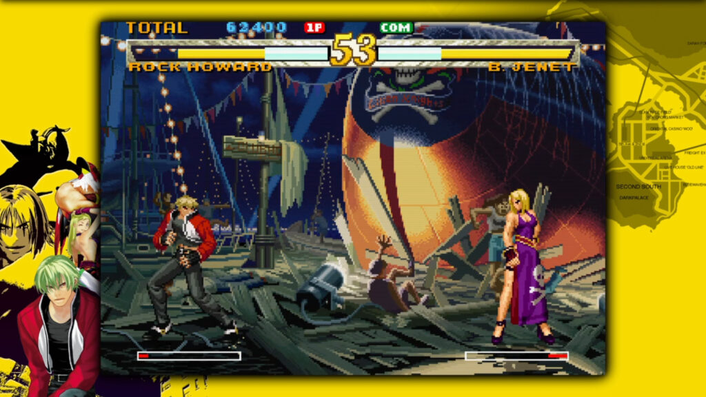 The image is a screenshot from a Garou: Mark of the Wolves match: Rock Howard vs B. Jenet.